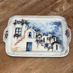 GREEK Hand-painted Ceramic Tray, Charming MYKONOS, Signed by Dora, 15.5” x 10.5”